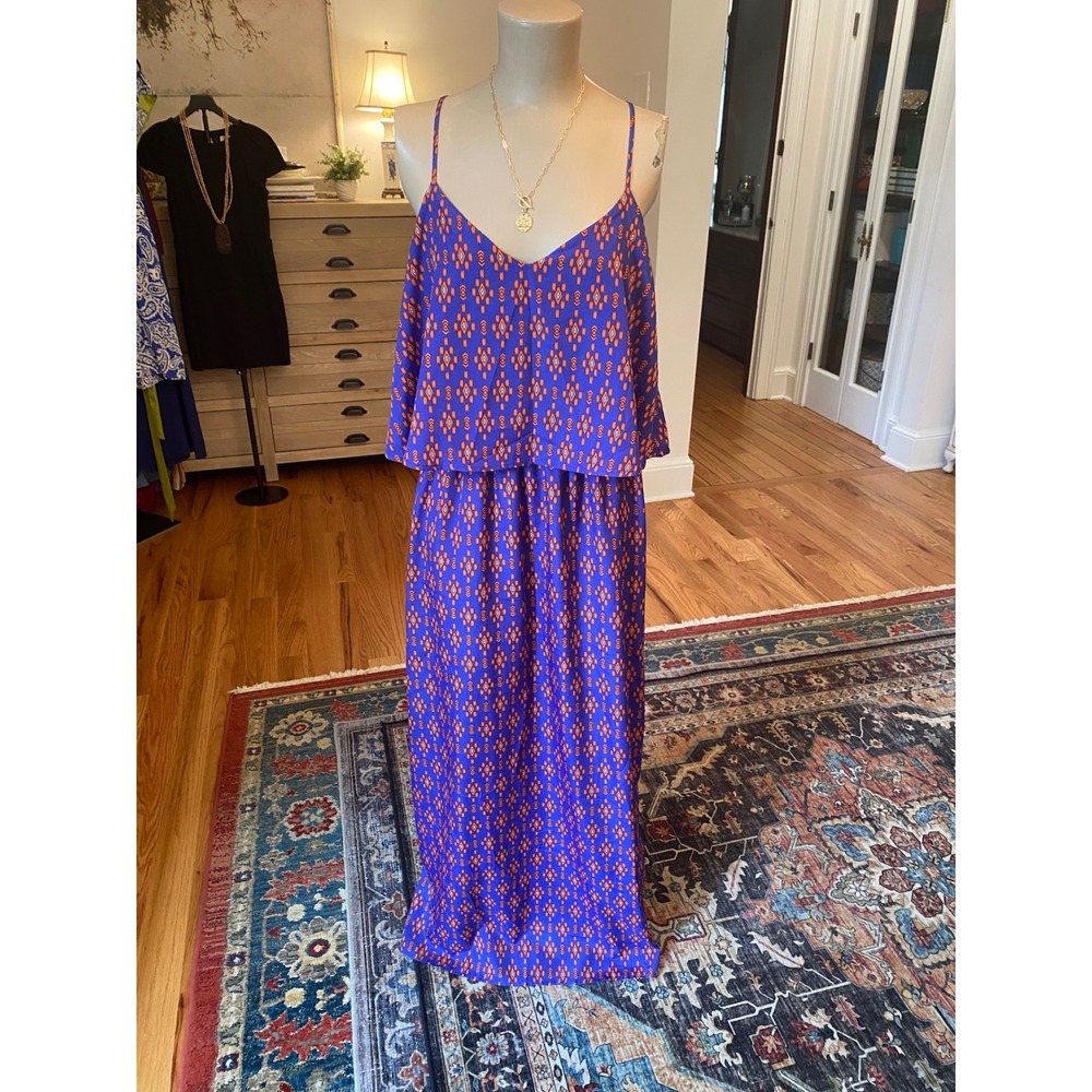 BeBop Purple Orange Geometric Ikat Print Tiered Popover Maxi Dress Womens Large